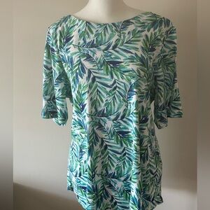 J. Jill Pima Slub Elbow Sleeve Leaf Print Tee EUC